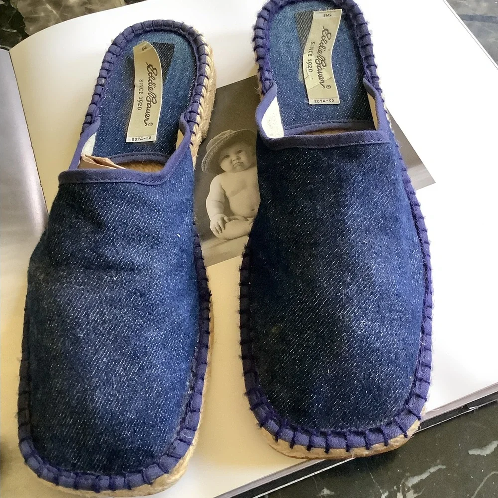 Eddie Bauer dark wash cotton denim espadrille jute heels slides size 9